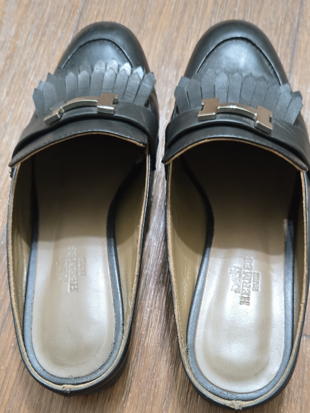 Hermes Black Leather Fringe Kiltie Mules with Silver H Logo - Picture 3 of 7
